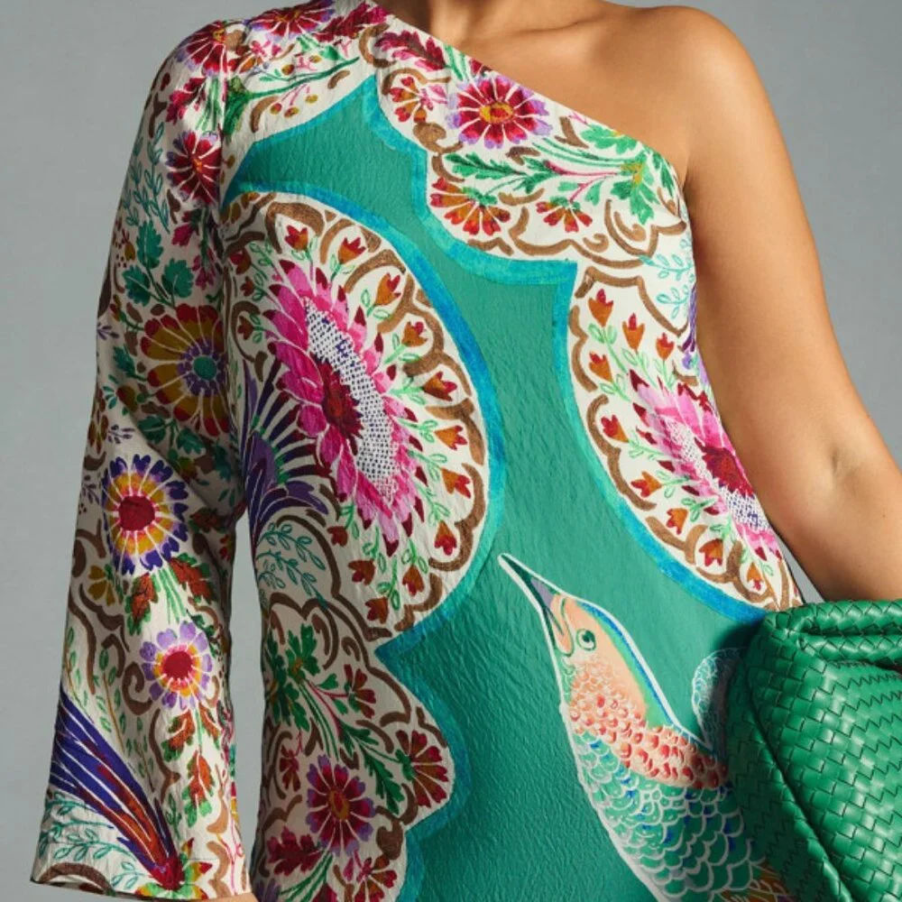 Anthropologie One Shoulder Bird Floral Print Midi Maxi Dress - Picture 2 of 9